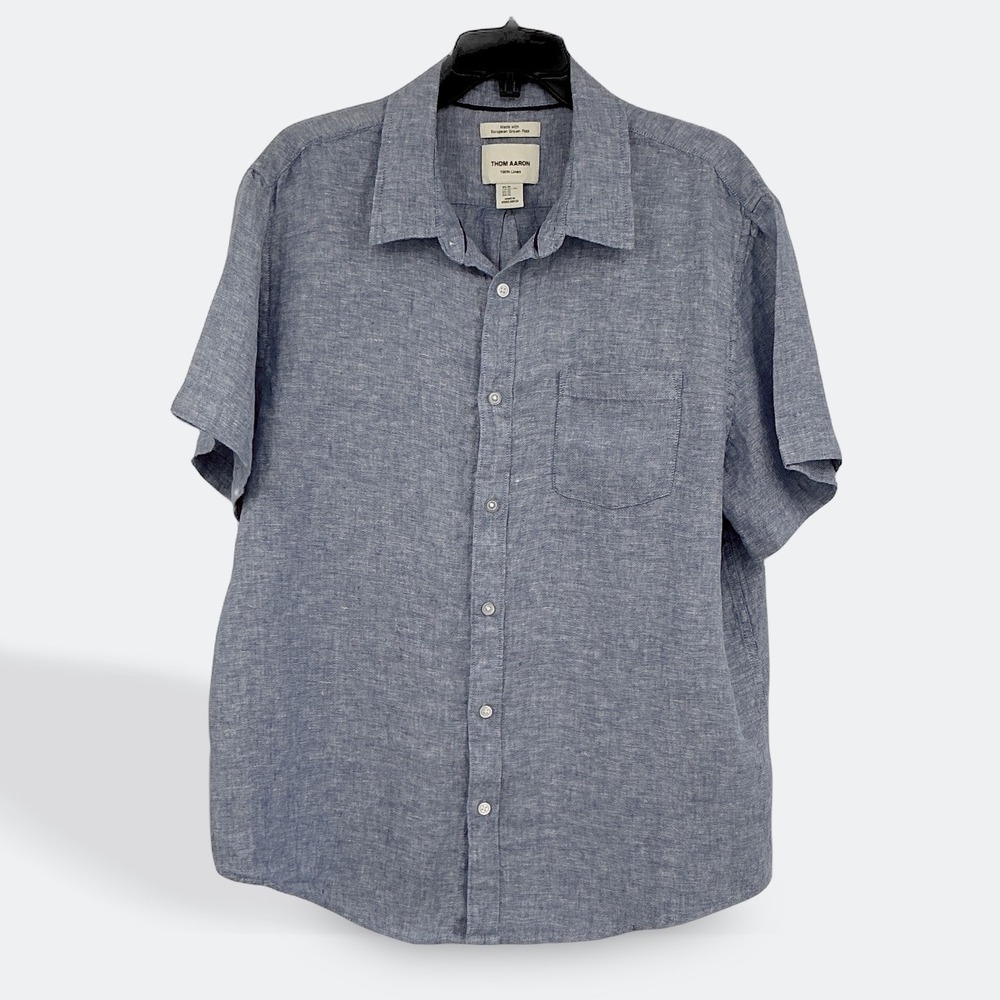 Thom Aaron Mens XL Linen Short Sleeve Button Down Shirt European Flax‎ Blue